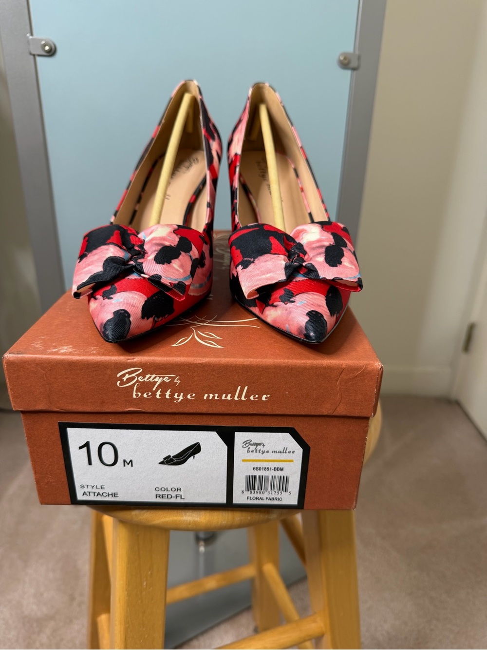 bettye muller Red and Pink Floral Pointed-Toe Heels with Bow